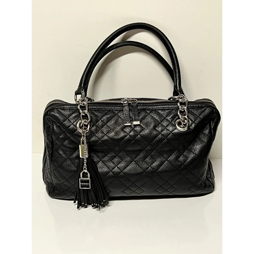 Calvin Klein Black Quilted Leather Satchel Bag Silver Chain Tassel Charm Handbag